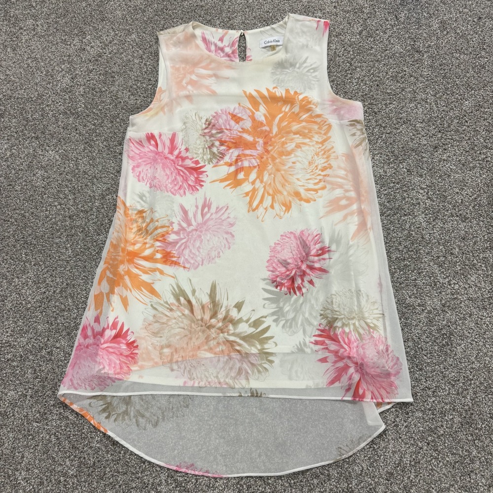 Calvin Klein Dress Womens S Multicolor Floral Sleeveless Chiffon Hi-Low Shift